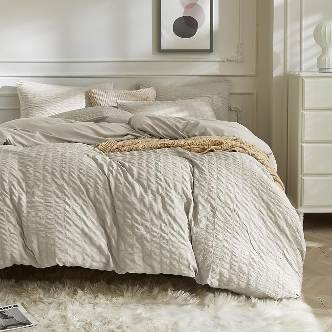 JELLYMONI Beige Duvet Cover Full Size, Soft Breathable Seersucker Duvet Cover by JELLYMONI