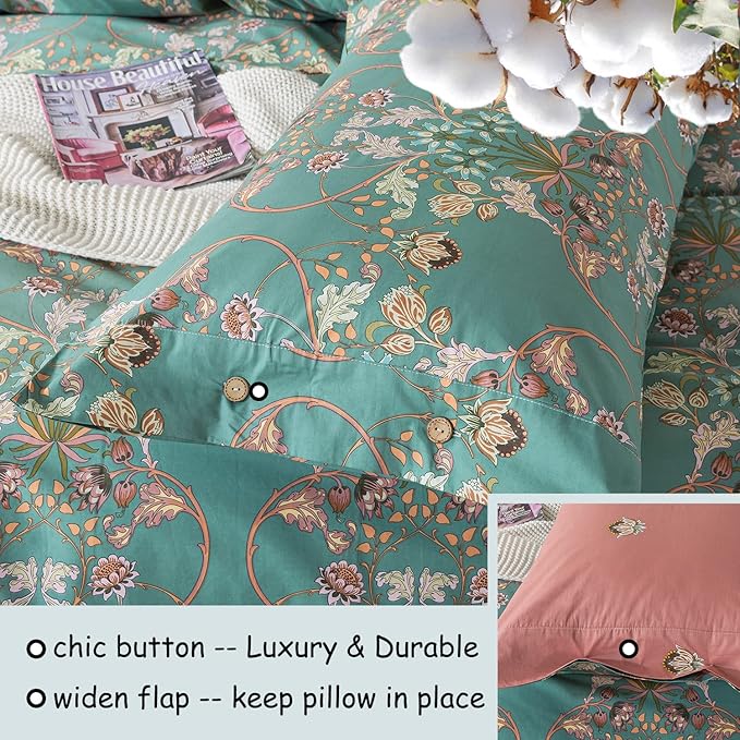FADFAY Floral Duvet Cover Queen Button Closure 100% Cotton 600 TC Teal - Image 4