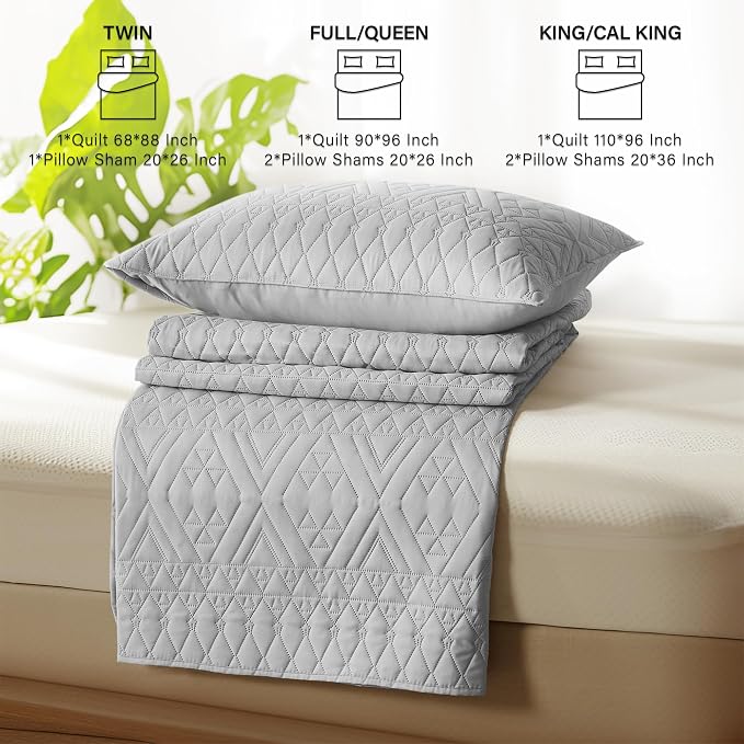 akkialla King/Cal King Size Quilt Bedding Set, Light Grey Lightweight - Image 7