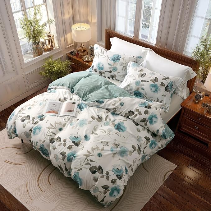 OAITE Duvet Cover King Size, Reversible Green Ink wash Flower White Duvet Cover - Image 3