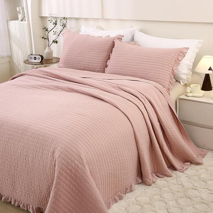 ROOMLIFE Quilt Set Full Size 3D Floral Embroidery Pattern 3-Piece Cotton by ROOMLIFE