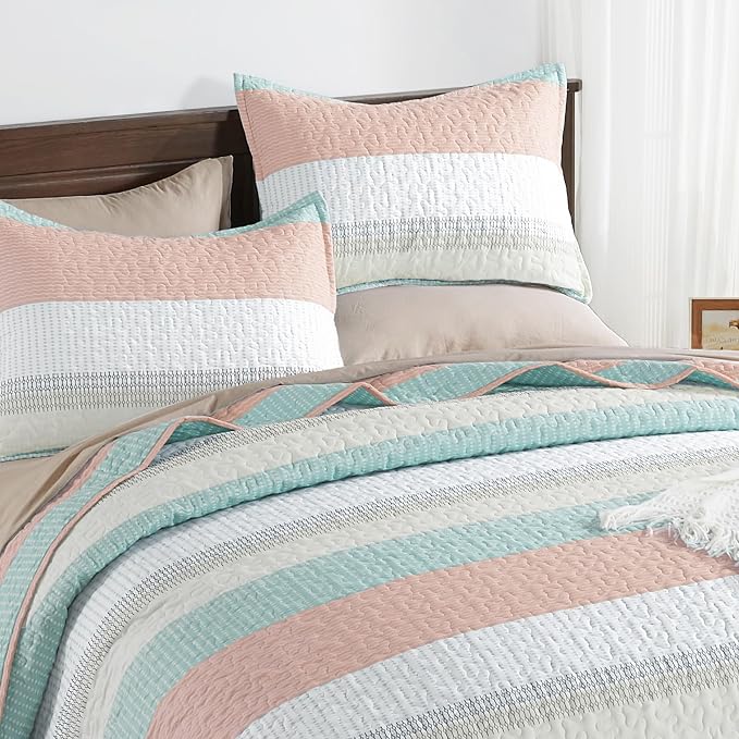 Andency Queen Quilt Bedding Set Pink Green, 3 Pieces Patchwork Summer Striped - Image 3