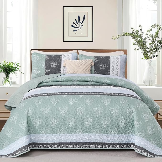 DJY Stripe Quilt Set Queen Size Sage Green Bedspread Coverlet Set 3 Pieces Boho - Image 2