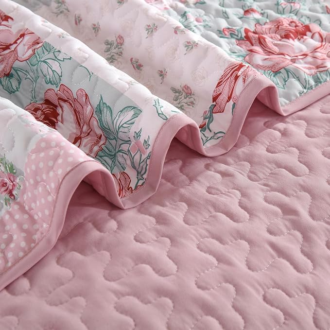 Patchwork Quilt Set Queen Size, 3 Piece Soft Microfiber Reversible Pink Grey - Image 8