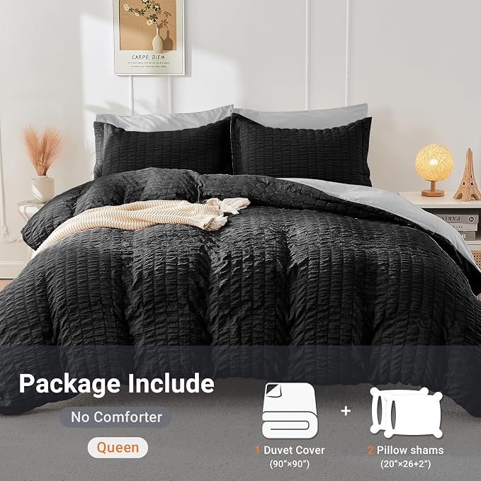 HYMOKEGE Black/Light Grey Duvet Cover King Size, Ultra Soft 3-Piece Seersucker - Image 4