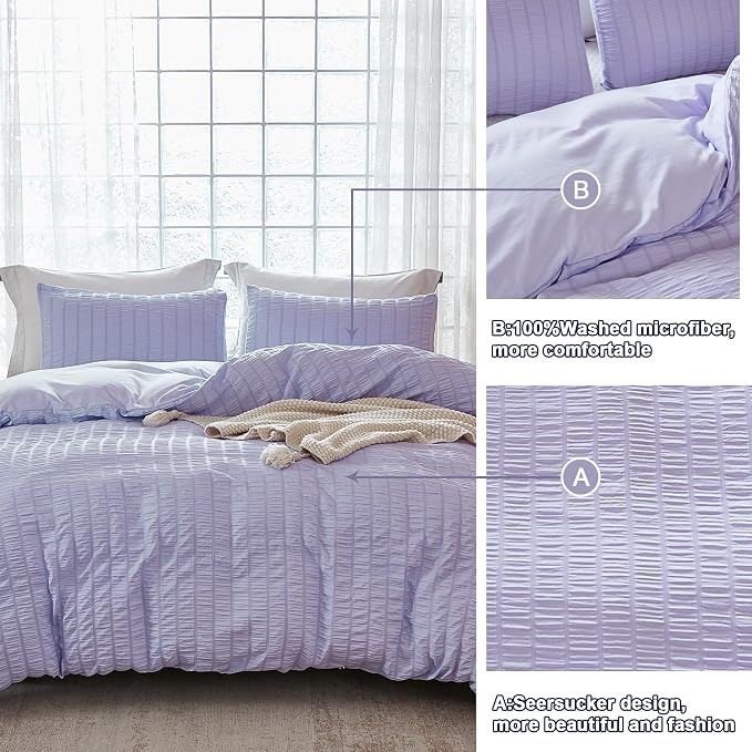 AveLom Lavender Purple Seersucker Duvet Cover Set King, 3 Pieces, Ultra Soft - Image 5