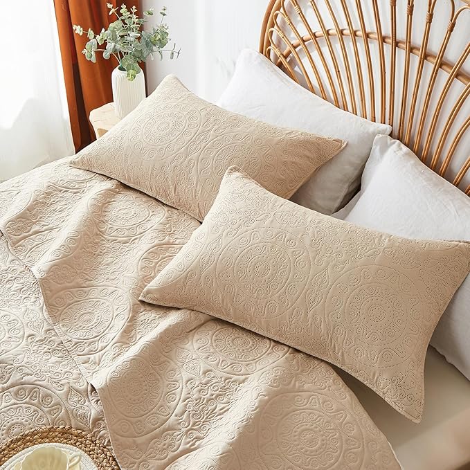 WURUIBO Beige Quilt Set King/Cal King Size, Embossing Microfiber Bedspreads - Image 4