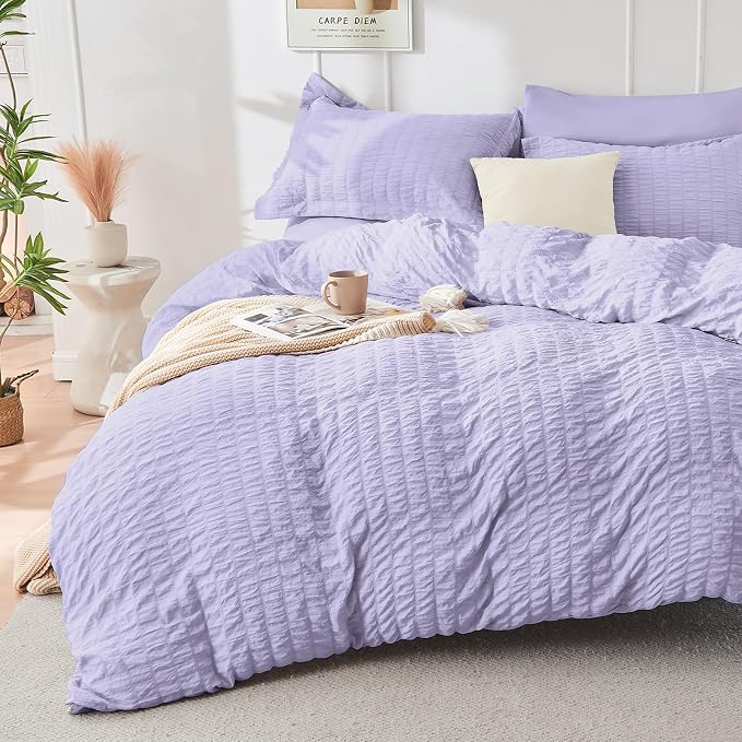 HYMOKEGE Light Purple Queen Comforter Set Seersucker 7 Pieces, All Season - Image 2