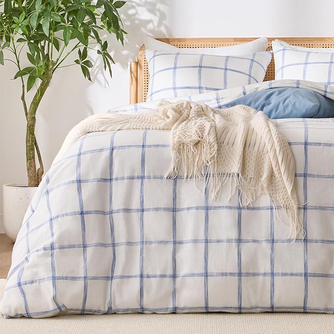 Blue Plaid Duvet Cover Queen Size, 100% Soft Washed Cotton Queen Duvet Cover by Unknown
