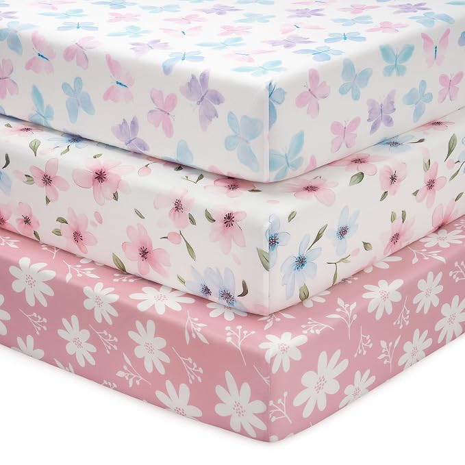 Baby Mini Crib Sheets Girl, Portable 38”x26” Pack and Play Sheets Fitted by FIEMOL