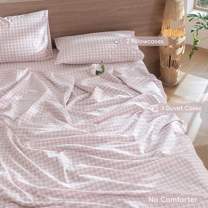 MooMee Gingham Duvet Cover Set 100% Washed Cotton Linen Like Textured - Image 2