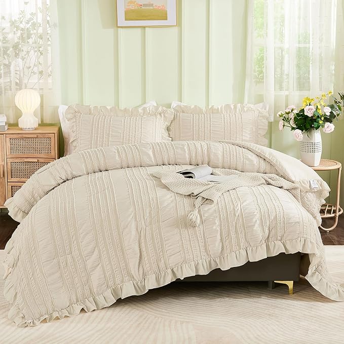 WONGS BEDDING Beige Ruffle Queen Comforter, Boho Shabby Chic Bedding - Image 4