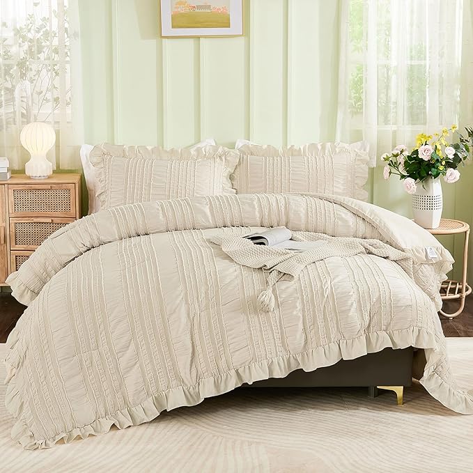 WONGS BEDDING Beige Textured Comforter Set King, 3 Pieces Ruffle Farmhouse - Image 4