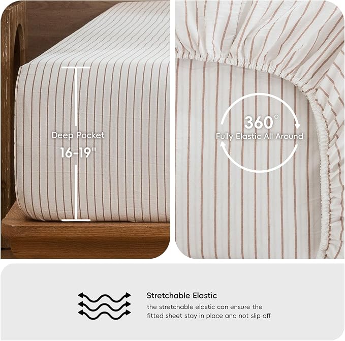 MooMee Stripes Fitted Bottom Sheet Only 100% Washed Cotton Linen Like Textured - Image 3