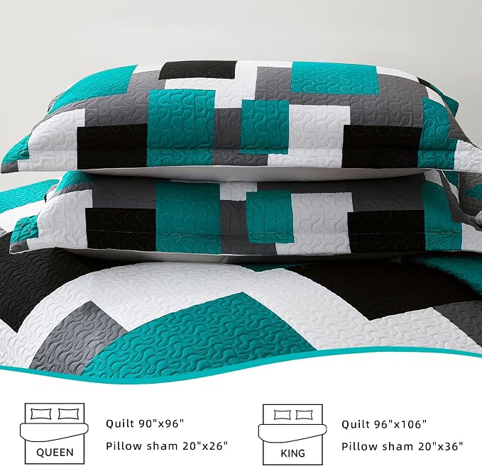 Tyrot 2 Piece Teal/Turquoise Grey Quilt Set Twin Size Black White Geometric - Image 7