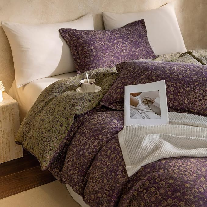 mixinni Purple Green Floral Duvet Cover Queen Size, Elegant Double-Layer Yarn - Image 2