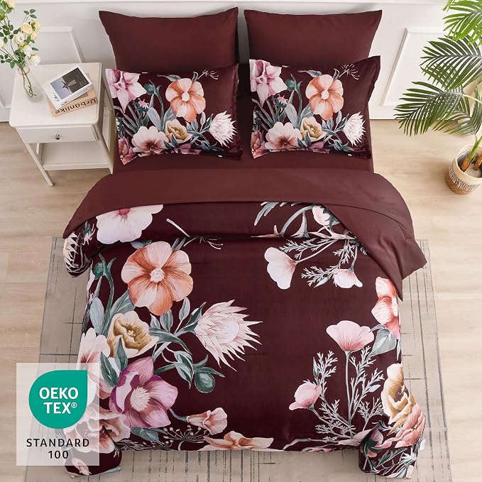 Luxudecor Burgundy Floral Comforter Set Queen Size 7 Piece, Flower Bed in a Bag - Image 3