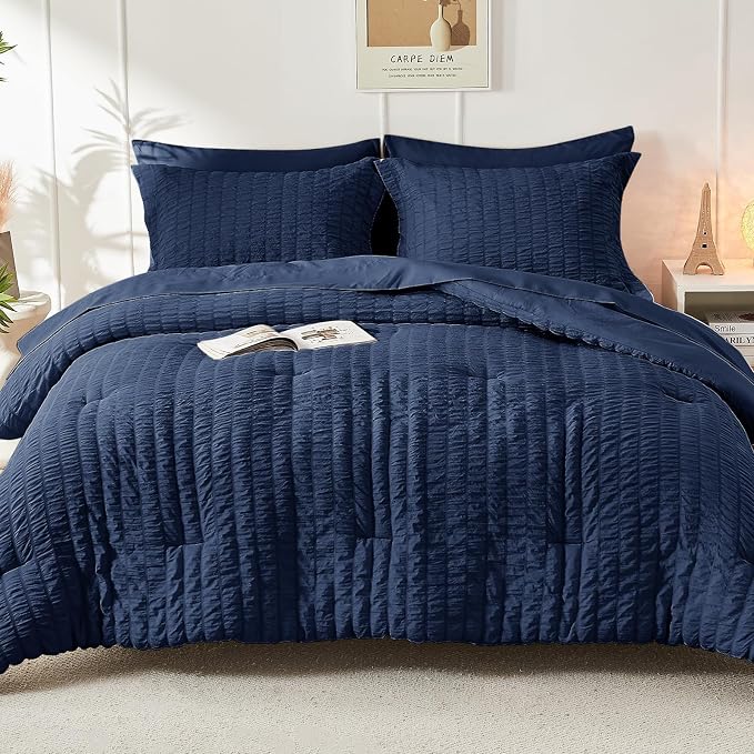 HYMOKEGE Navy Blue Oversized Queen Comforter Set Seersucker 7 Pieces, All - Image 9