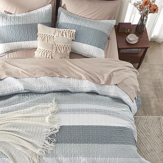 Andency Grey Striped Quilt Queen, 3 Pieces Patchwork Bedspread Coverlet Set - Image 6