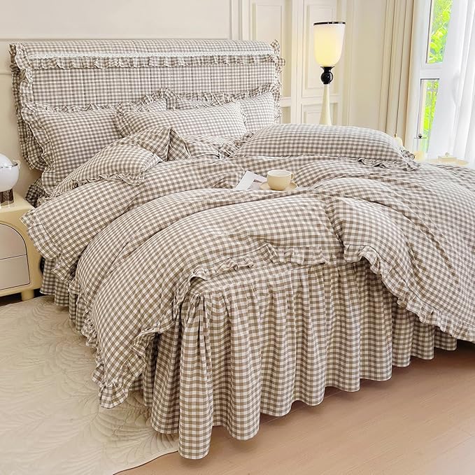 mixinni Tan Gingham Ruffle Duvet Cover Queen Size 3 Pieces – 100% Washed Cotton - Image 4