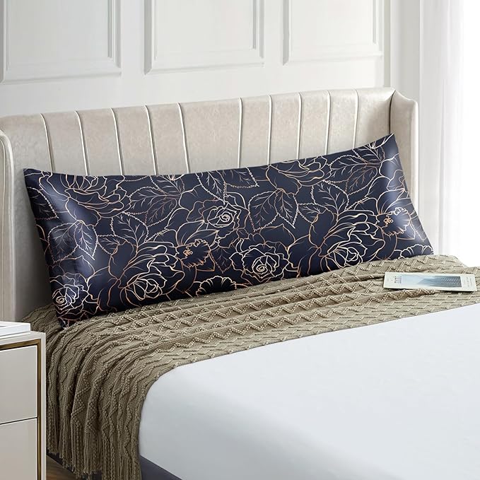 EXQ Home Satin Body Pillowcase for Hair and Skin- Rose on Blue Silk Long by EXQHomeTexitleCoLtd
