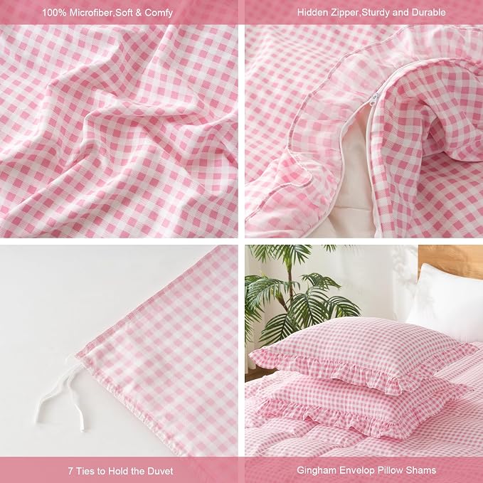 Gingham Duvet Cover Queen Size, 3 Pieces Soft Breathable Microfiber Plaid - Image 2