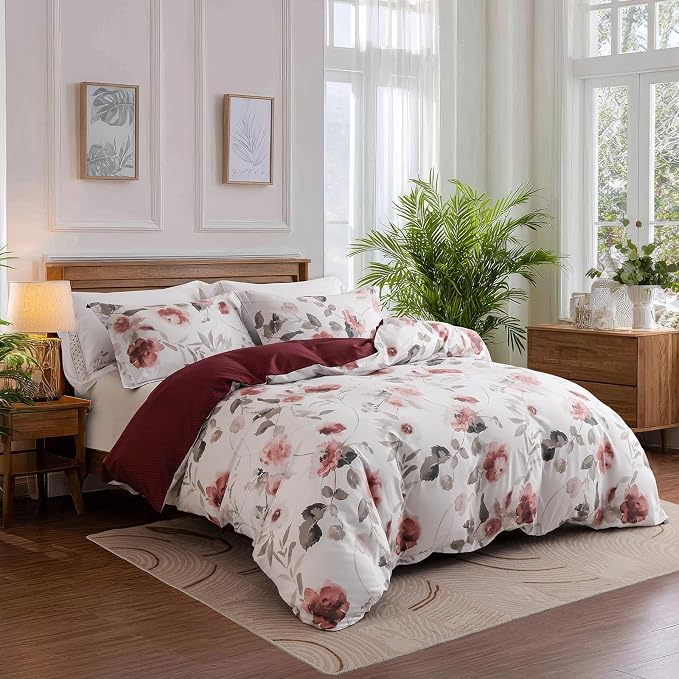 OAITE Duvet Cover King Size, Reversible Blooming Flowers White Duvet Cover Set - Image 2