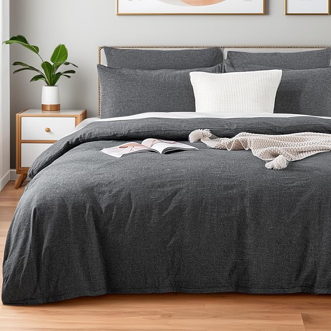 NEXHOME PRO Duvet Cover Full 100% Washed Cotton, Heathered Black Breathable by NEXHOMEPRO