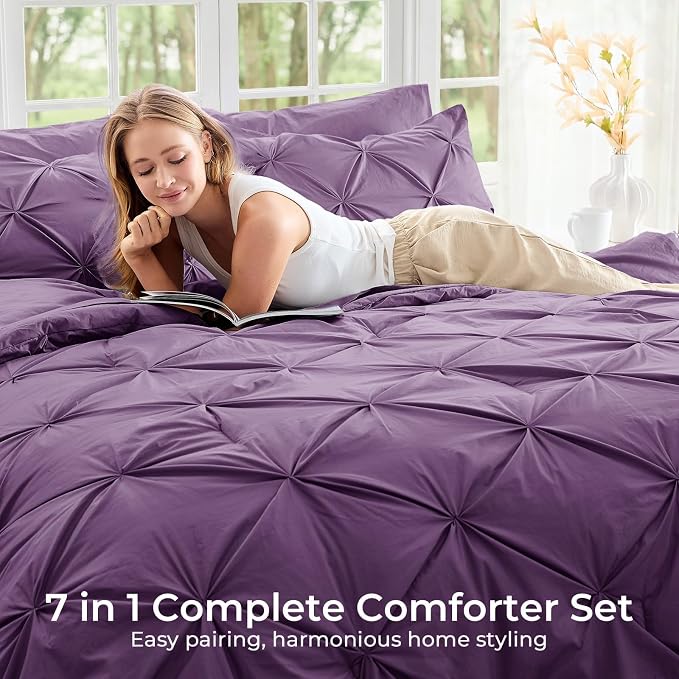 Sasttie King Size Comforter Set, 7-Piece Bed in a Bag, Pintuck Bedding Set - Image 6