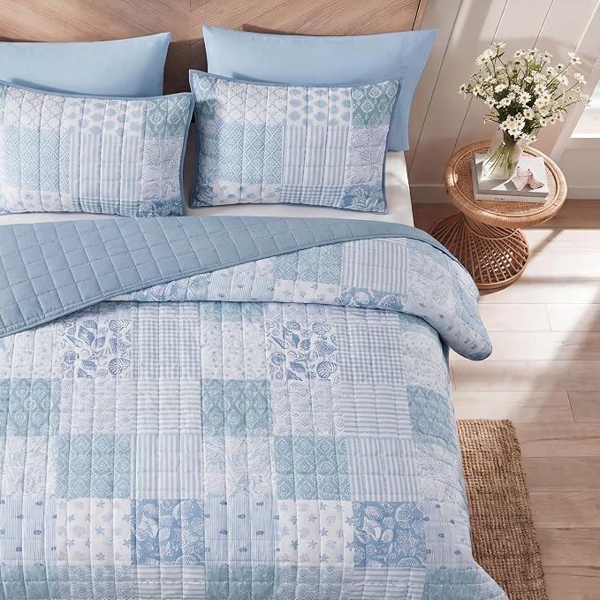 BLOOMHAVEN Quilt Set King Size, Patchwork Sea Blue Floral Quilt Sets, - Image 7