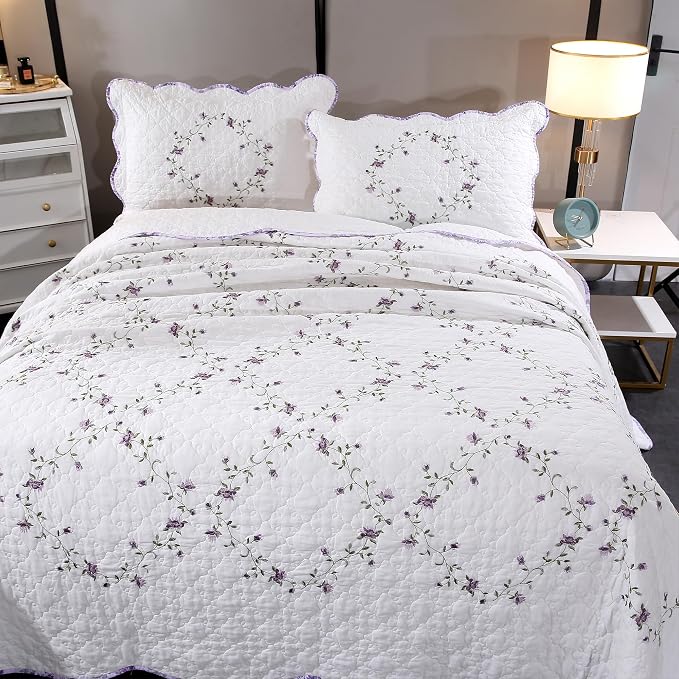 Quilt Set Purple Floral 3D Embroidery Pattern 2 PCS 100% Cotton Reversible - Image 7