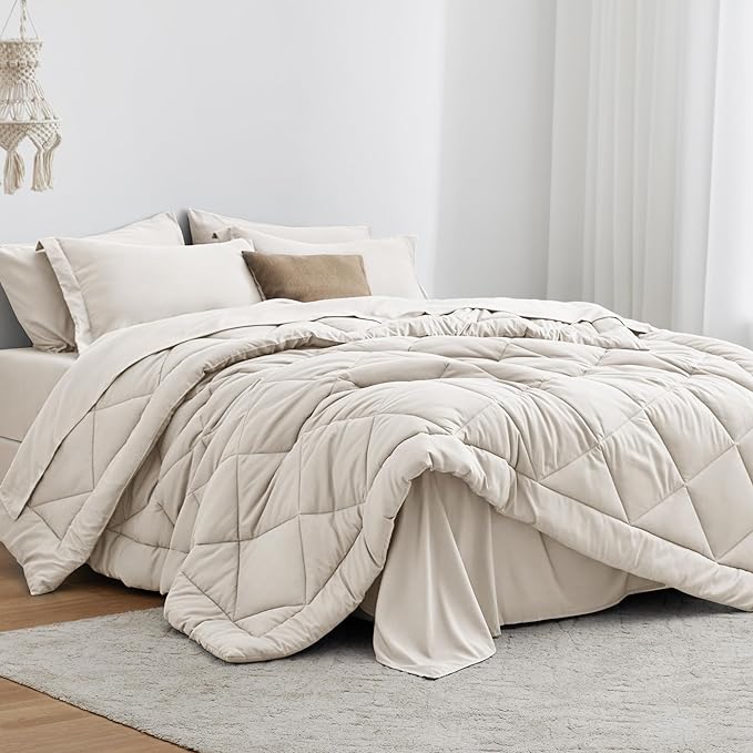 Love's cabin Queen Comforter Set Off White, 7 Pieces Queen Bed in a Bag by Lovescabin