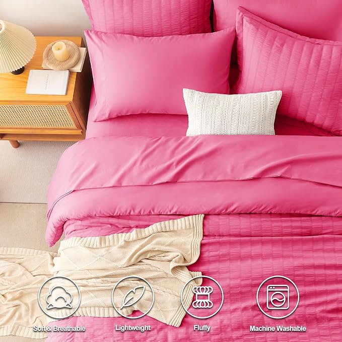 CozyLux King Size Comforter Set Hot Pink Seersucker 7 Pieces Bed in a Bag King - Image 2