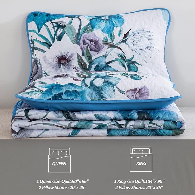Floral Quilt Set King 3 Pieces Boho Blue Floral Quilt Coverlet Set Soft - Image 7