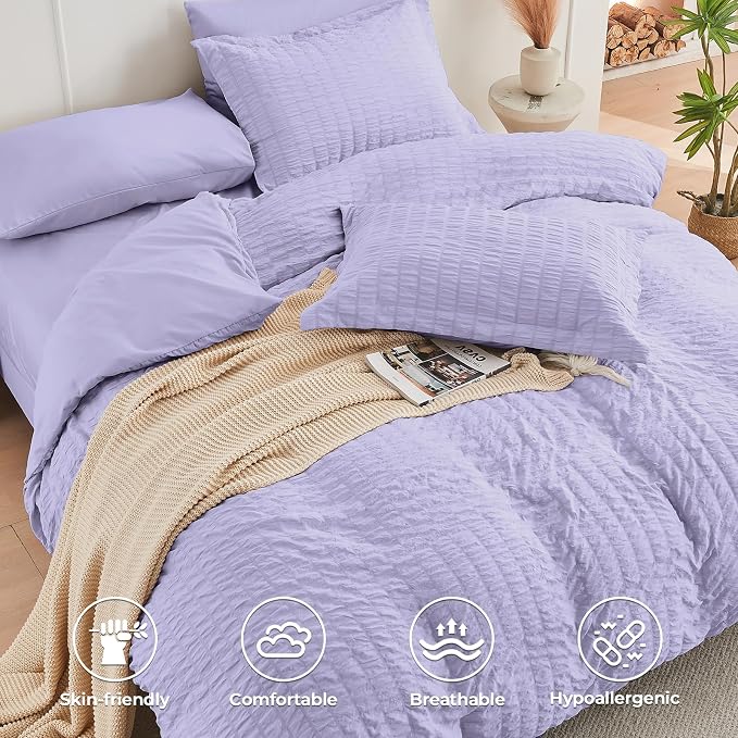 HYMOKEGE Light Purple Twin Comforter Set Seersucker 5 Pieces, All Season Luxury - Image 3