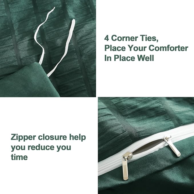 AveLom Dark Green Seersucker Duvet Cover Set Queen Size, 3 Pieces, Ultra Soft - Image 4