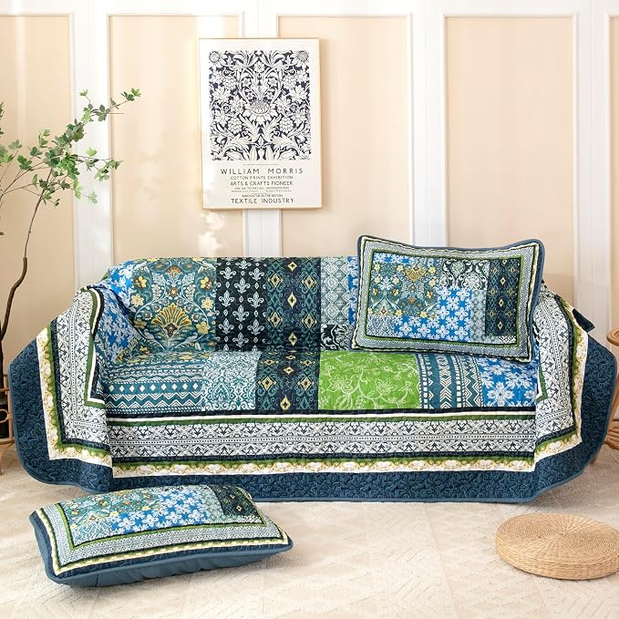 WONGS BEDDING Teal Quilt King Size, 3 Pieces Boho Patchwork Quilt Soft Coverlet - Image 8