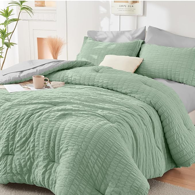 HYMOKEGE Sage Green/Light Grey California King Comforter Set Seersucker 7 Pieces by HYMOKEGE