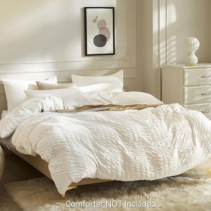 JELLYMONI White Duvet Cover Queen Size, Soft Breathable Seersucker Duvet Cover - Image 3