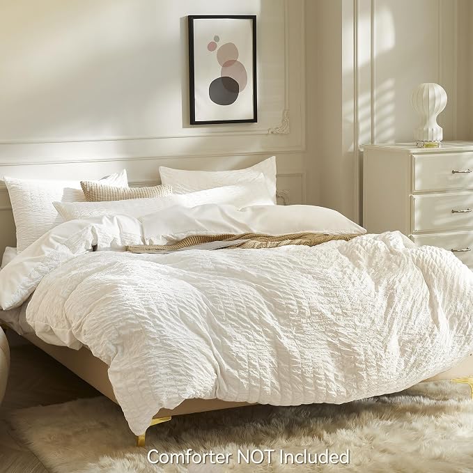 JELLYMONI White Duvet Cover Oversized Queen Size, Soft Breathable Seersucker - Image 3