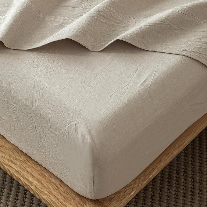 MooMee Fitted Bottom Sheet Only 100% Washed Cotton Linen Like Textured by MOOMEE