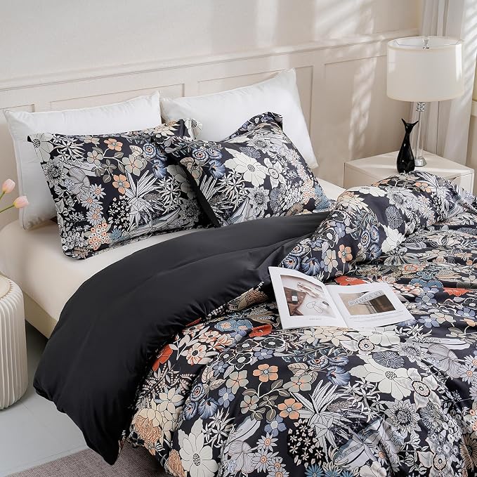LONAVA Queen Flower 3 Pcs Duvet Cover Set, Breathable Soft Microfiber Black - Image 8
