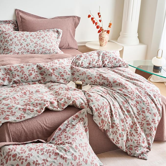mixinni 100% Washed Cotton Duvet Cover Set, Reversible Vintage Floral Jacquard - Image 4