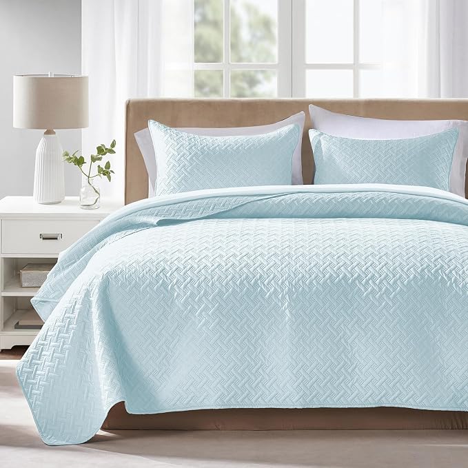 FLYMME Quilts King Size, Lightweight Sky Blue Bedspreads, Basket Weave Pattern by FLYMME