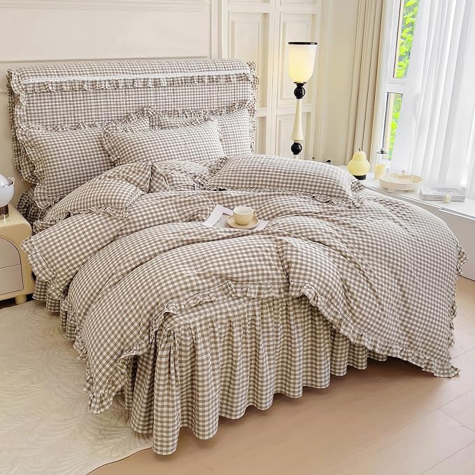 mixinni Tan Gingham Ruffle Duvet Cover Queen Size 3 Pieces – 100% Washed Cotton - Image 6