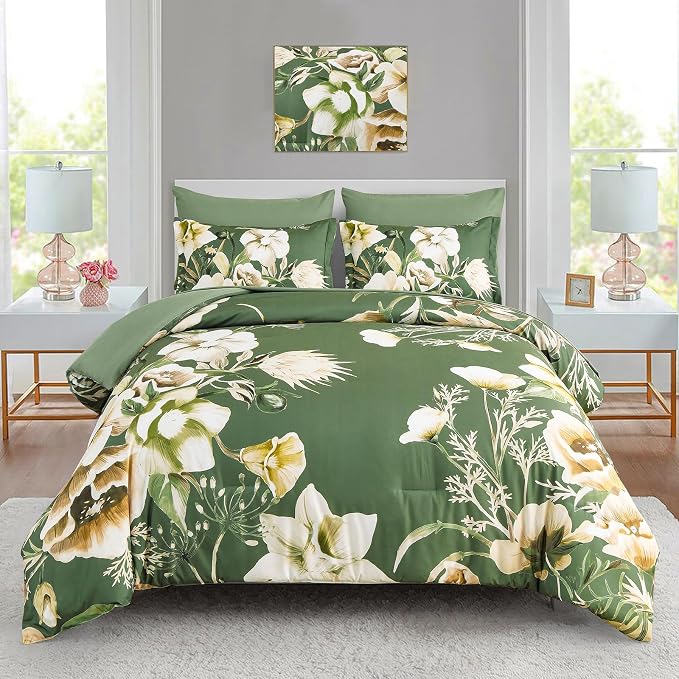 Luxudecor Floral Comforter Set Queen Size 7 Piece, Olive Green Flower Bed in a by Luxudecor