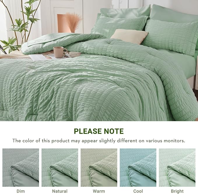 HYMOKEGE Sage Green King Size Comforter Set Seersucker 7 Pieces, All Season - Image 6
