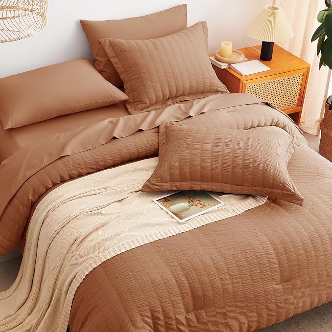 CozyLux Queen Comforter Set Pumpkin Seersucker 7 Pieces Bed in a Bag Queen - Image 6
