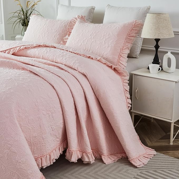 Brandream Light Pink Quilt Set King Size Cotton Shabby Chic Bedding Matelasse - Image 5