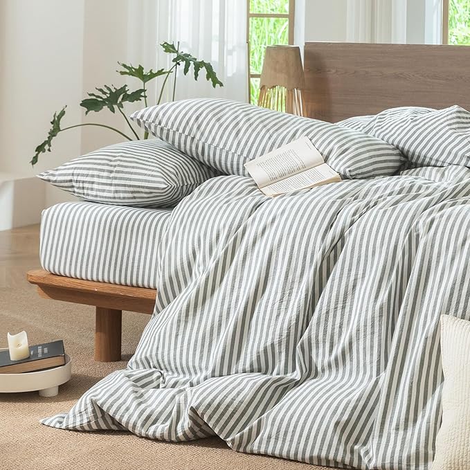 MooMee Striped Duvet Cover Set 100% Washed Cotton Linen Like Textured - Image 7